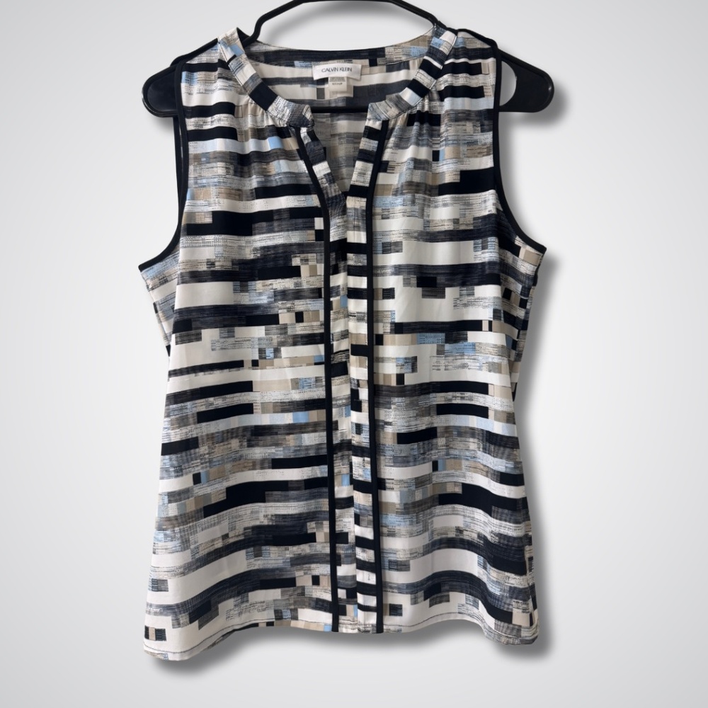 Calvin Klein Women's Geometric Sleeveless Blouse - Black, White, Gray